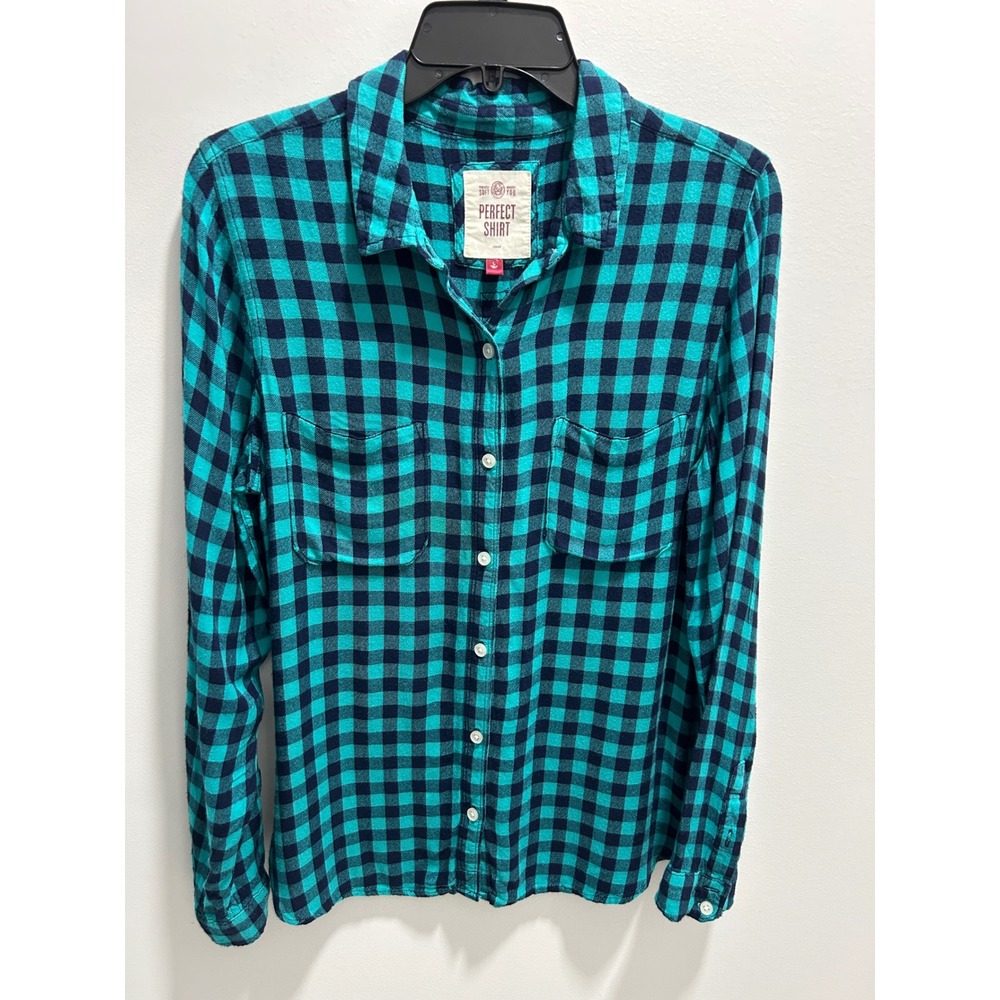 SO Perfectly Soft For You‎ Teal Navy Buffalo Plaid Rayon Button Down Shirt Large
